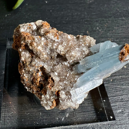 Blauer Baryt Rohstein Variante 4 | zarter Kristall seitlich | silbergrauer Quarz | rostbrauner Goethit | Happy Minerals