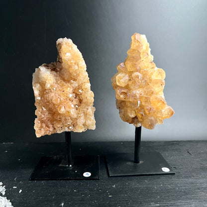 Citrin Rohstein Duo | Variante A & B | goldene Kristallcluster auf Metallständer | Brasil | Happy Minerals
