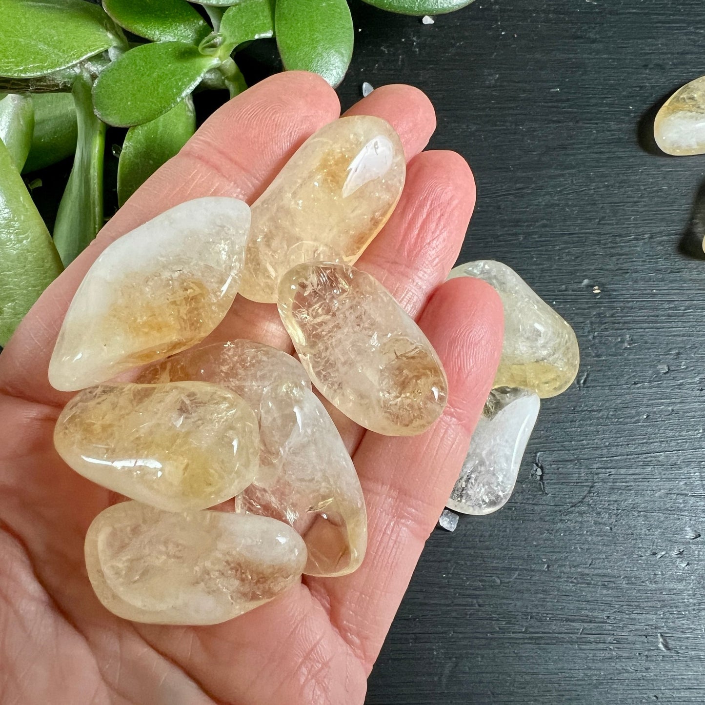 Citrin Trommelsteine Variante A | goldgelb schimmernd | Hand hält warme Kristalle | Happy Minerals