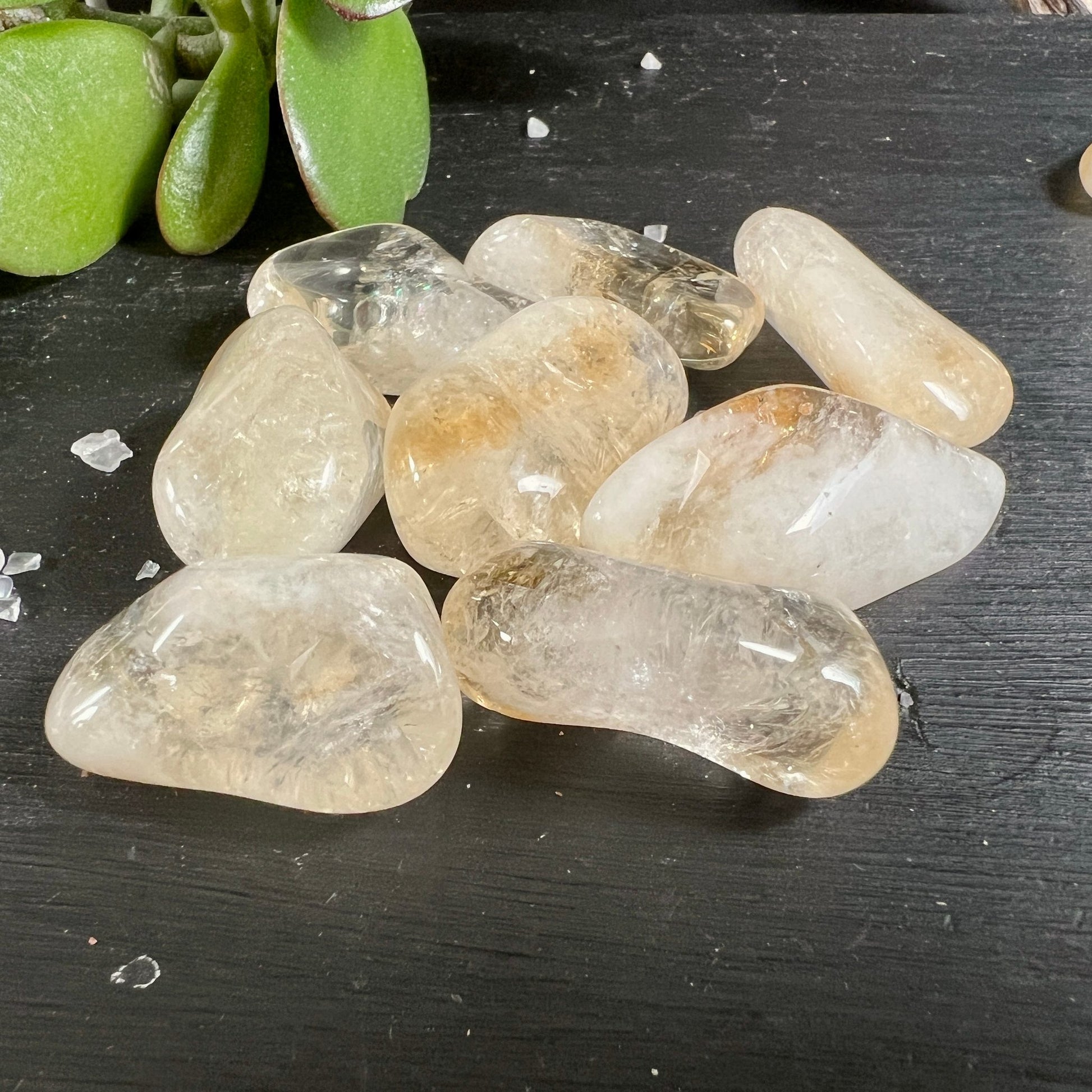 Citrin Trommelsteine Detailansicht | transparente goldgelbe Oberfläche | geschliffene Kristalle | Happy Minerals