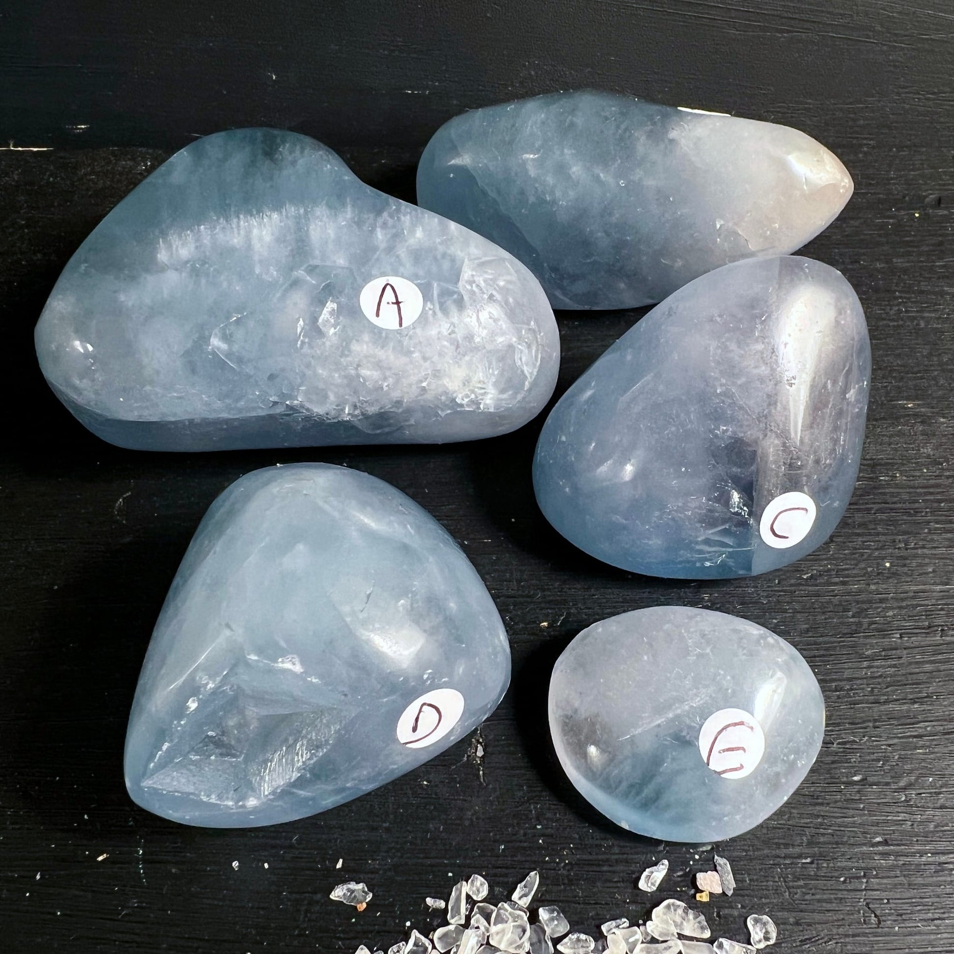 Celestit Handschmeichler A-E | zartes Himmelblau | 5 Varianten | Madagaskar | Happy Minerals
