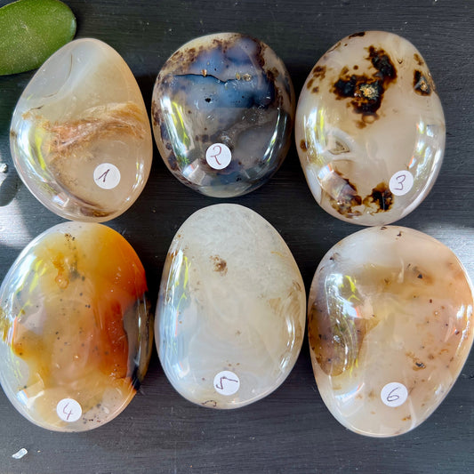 Dendritenachat Handschmeichler | Madagaskar | sechs polierte Steine | natürliche Einschlüsse | Happy Minerals