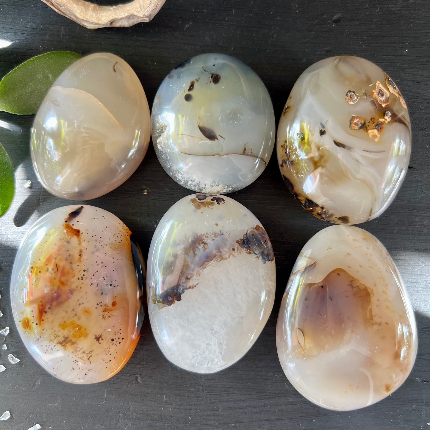 Dendritenachat Handsteine | Madagaskar | transluzente Qualität | braune Dendriten | polierte Oberfläche | Happy Minerals