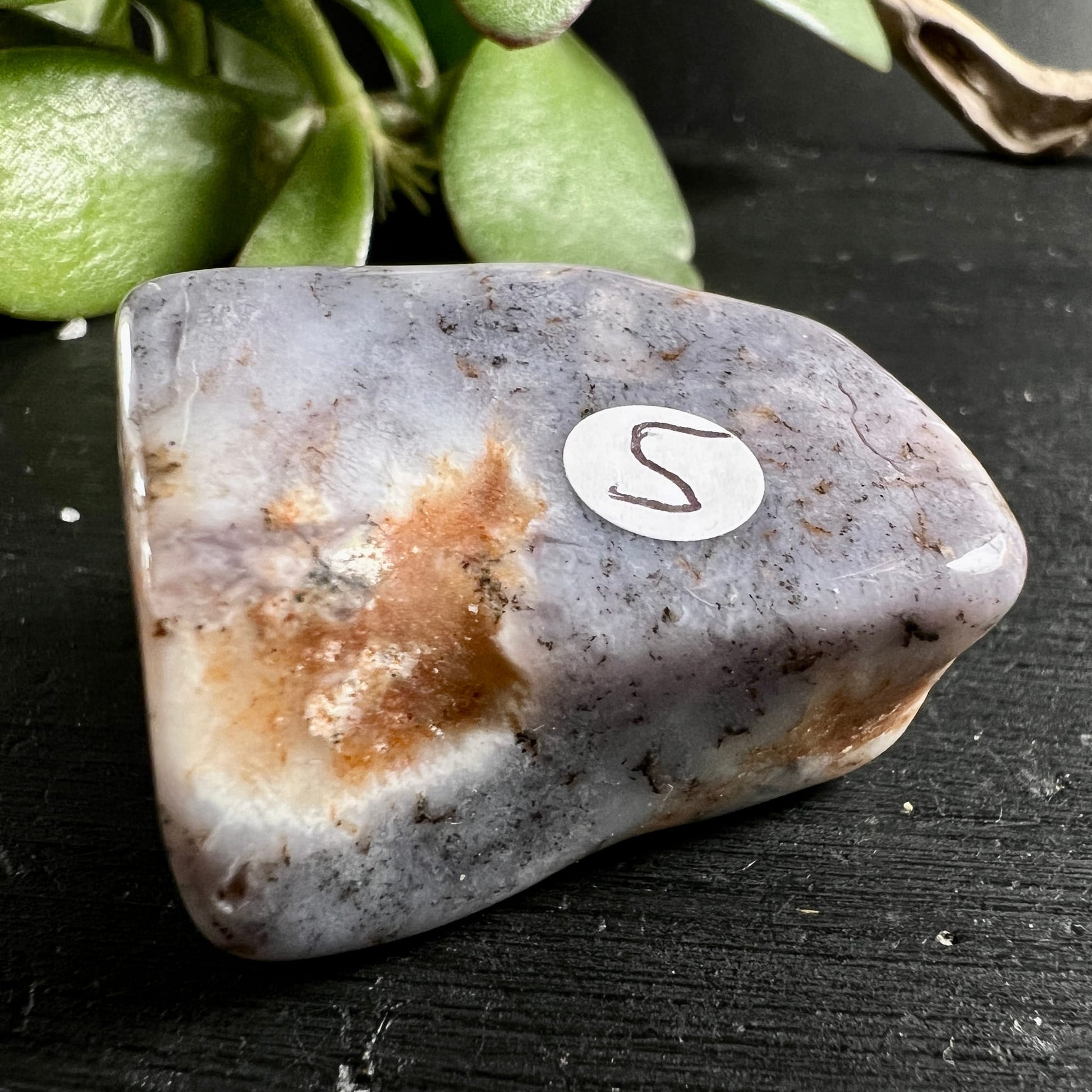 Lila Dendritenopal Trommelstein, fliedergrau mit rostbraunem Fleck, schwarze Dendriteneinschlüsse, poliert | Happy Minerals