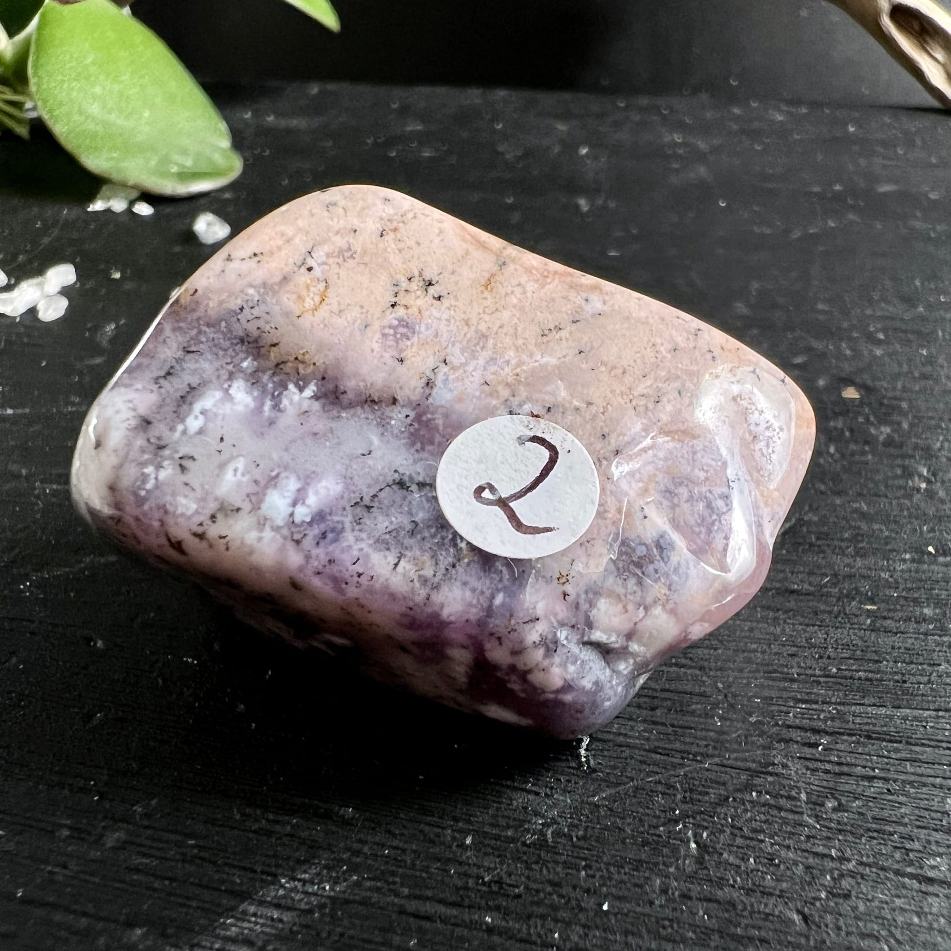Lila Dendritenopal Trommelstein, rosa-lila Farbverlauf mit schwarzen Dendriten-Einschlüssen, poliert | Happy Minerals