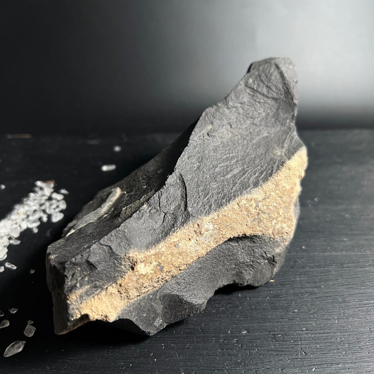 Roher dunkelgrauer Stein mit schroffer Bruchkante und beigem Sandsteinband quer durch die Mitte | Happy Minerals