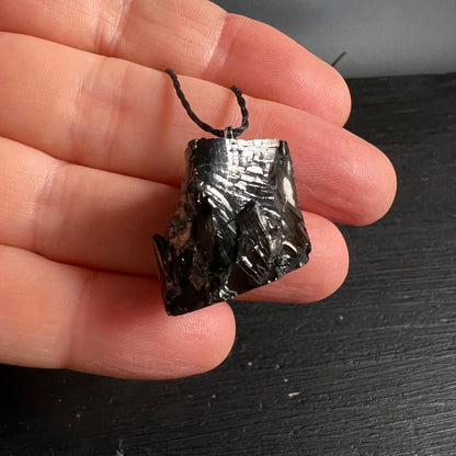 Edelschungit Anhänger | in der Hand gehalten | Größenvergleich | schwarzer Rohstein | Happy Minerals