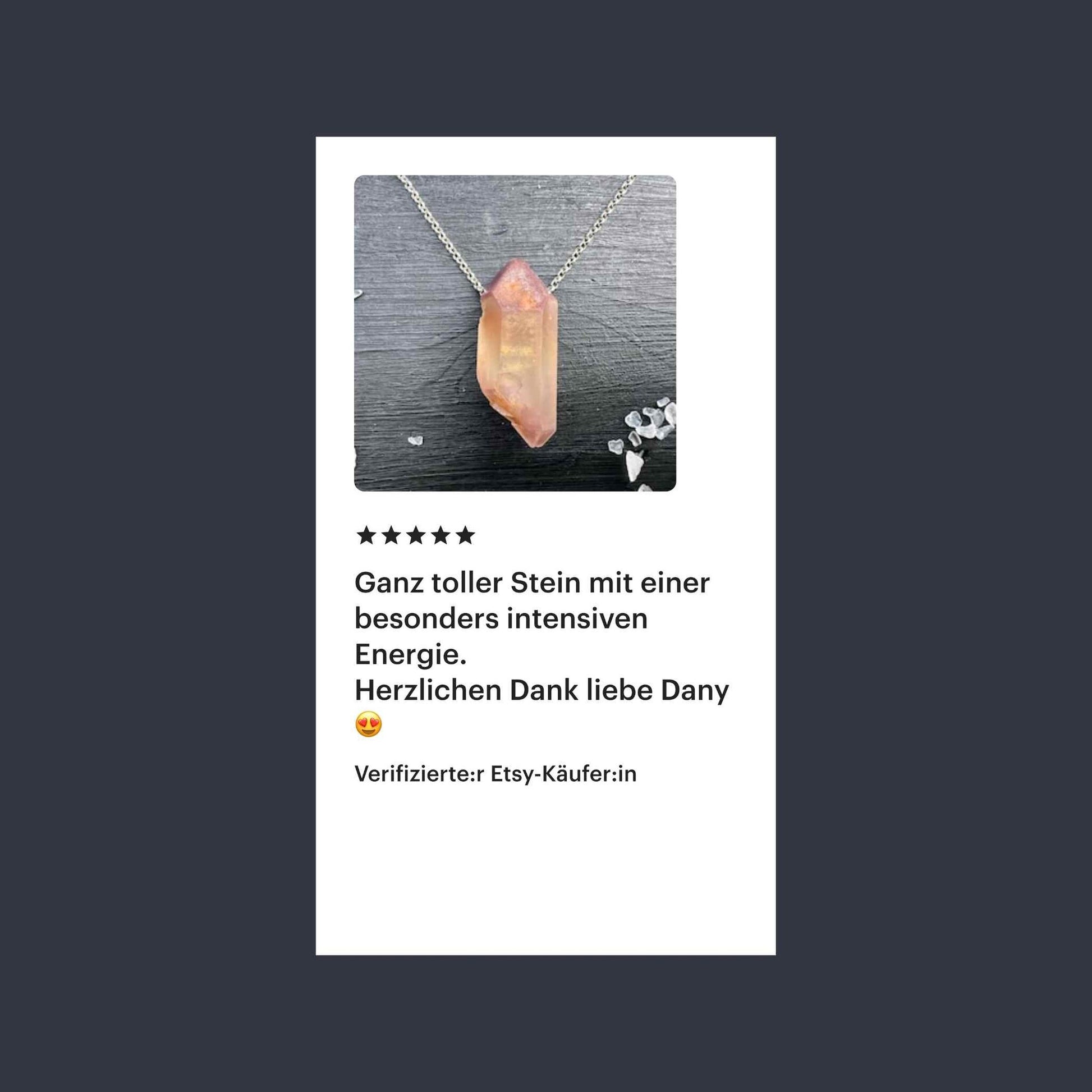 5-Sterne Etsy-Kundenbewertung für rosa Lithium Bergkristall-Anhänger mit Lob für intensive Energie – Happy Minerals
