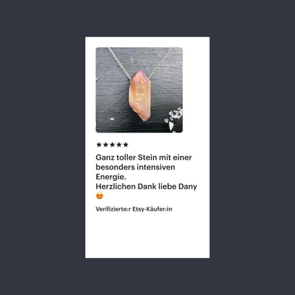 5-Sterne Etsy-Kundenbewertung für rosa Lithium Bergkristall-Anhänger mit Lob für intensive Energie – Happy Minerals
