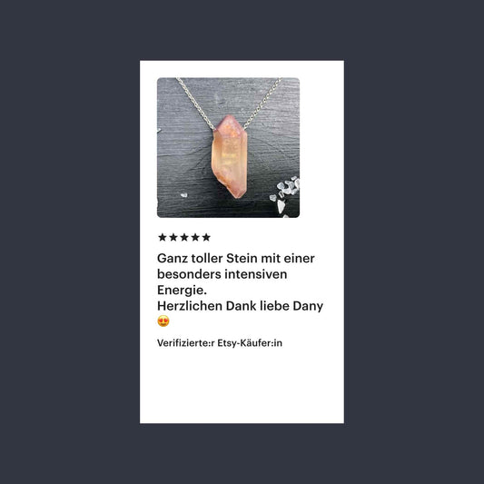 5-Sterne Etsy-Kundenbewertung für rosa Lithium Bergkristall-Anhänger mit Lob für intensive Energie – Happy Minerals
