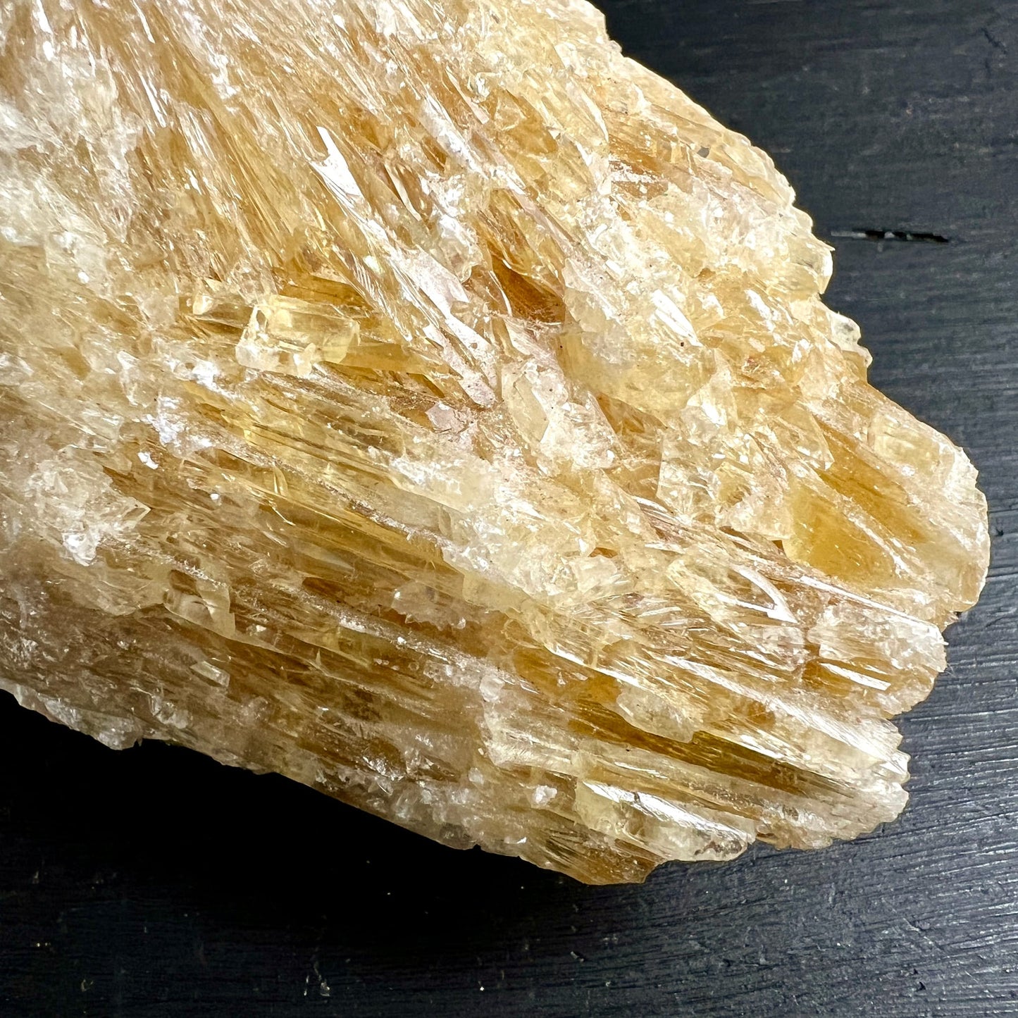 Gelber Calcit Rohstein | Nahaufnahme | seidig glänzende Fasern | warmgoldene Nuancen | Happy Minerals