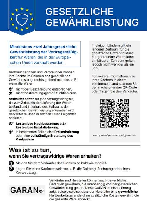 Gesetzliche Gewährleistung – mindestens zwei Jahre für Waren in der EU