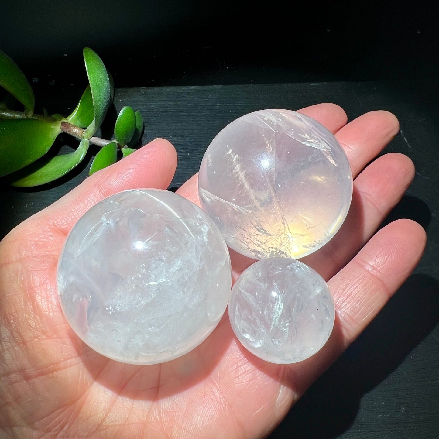 Girasol Kugeln | alle 3 Größen | auf Handfläche | milchig-weiß | warmes Licht | Brasilien | Happy Minerals