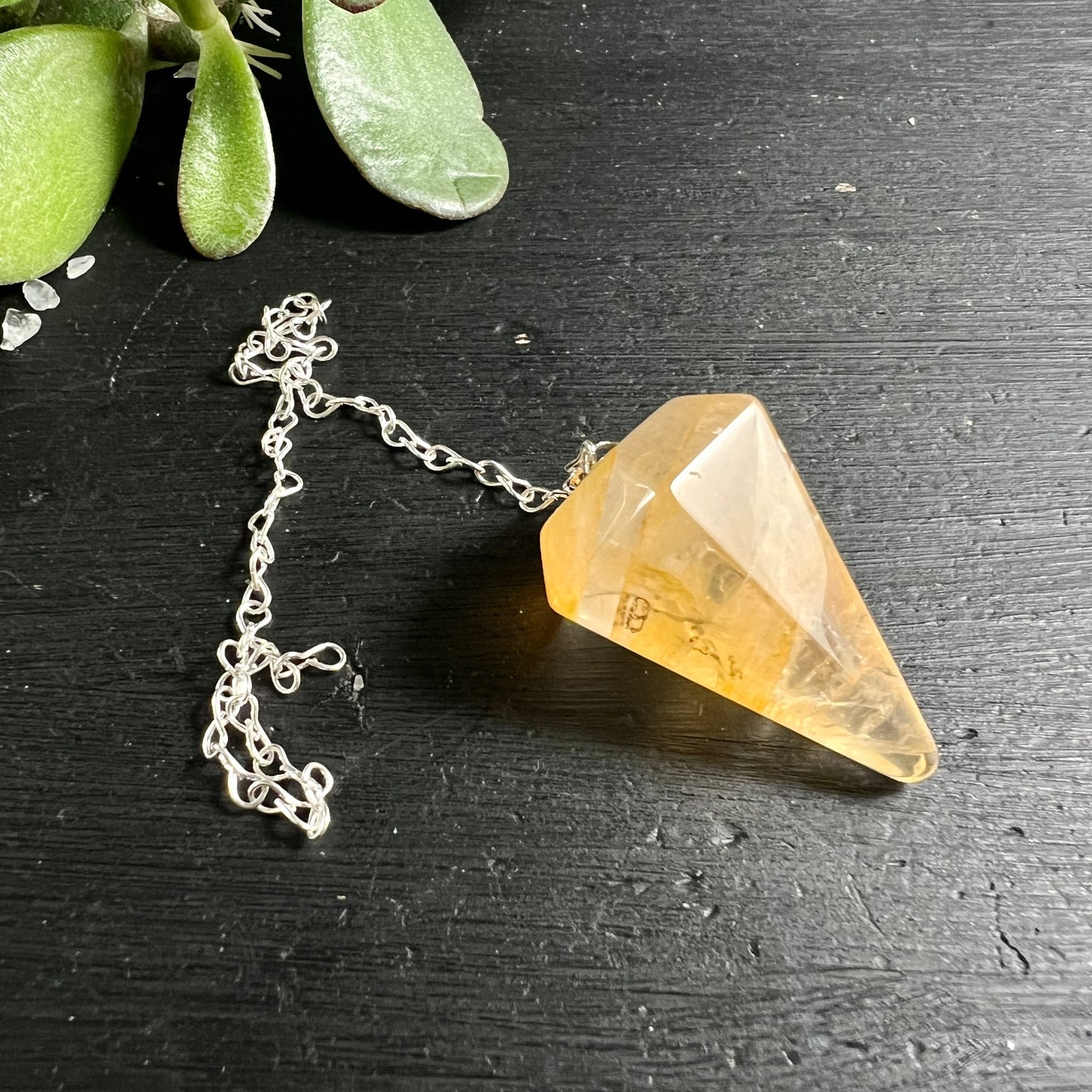 Golden Healer Pendel | sonniges Goldgelb | facettiert | Brasilien | schwarzer Hintergrund | Pflanze | Happy Minerals