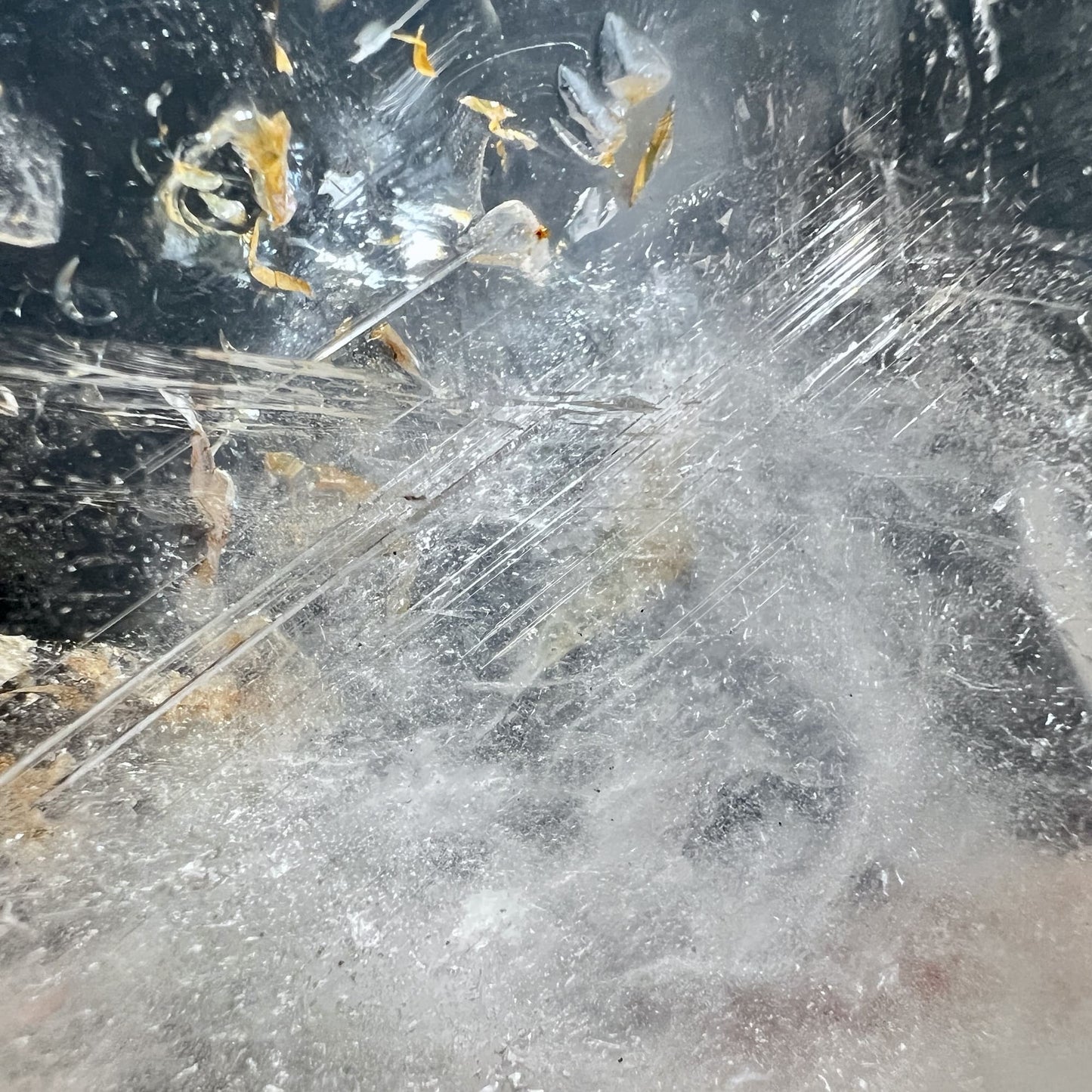 Detailaufnahme Golden Healer und Silberrutil Nadeln in Bergkristallschale | Happy Minerals