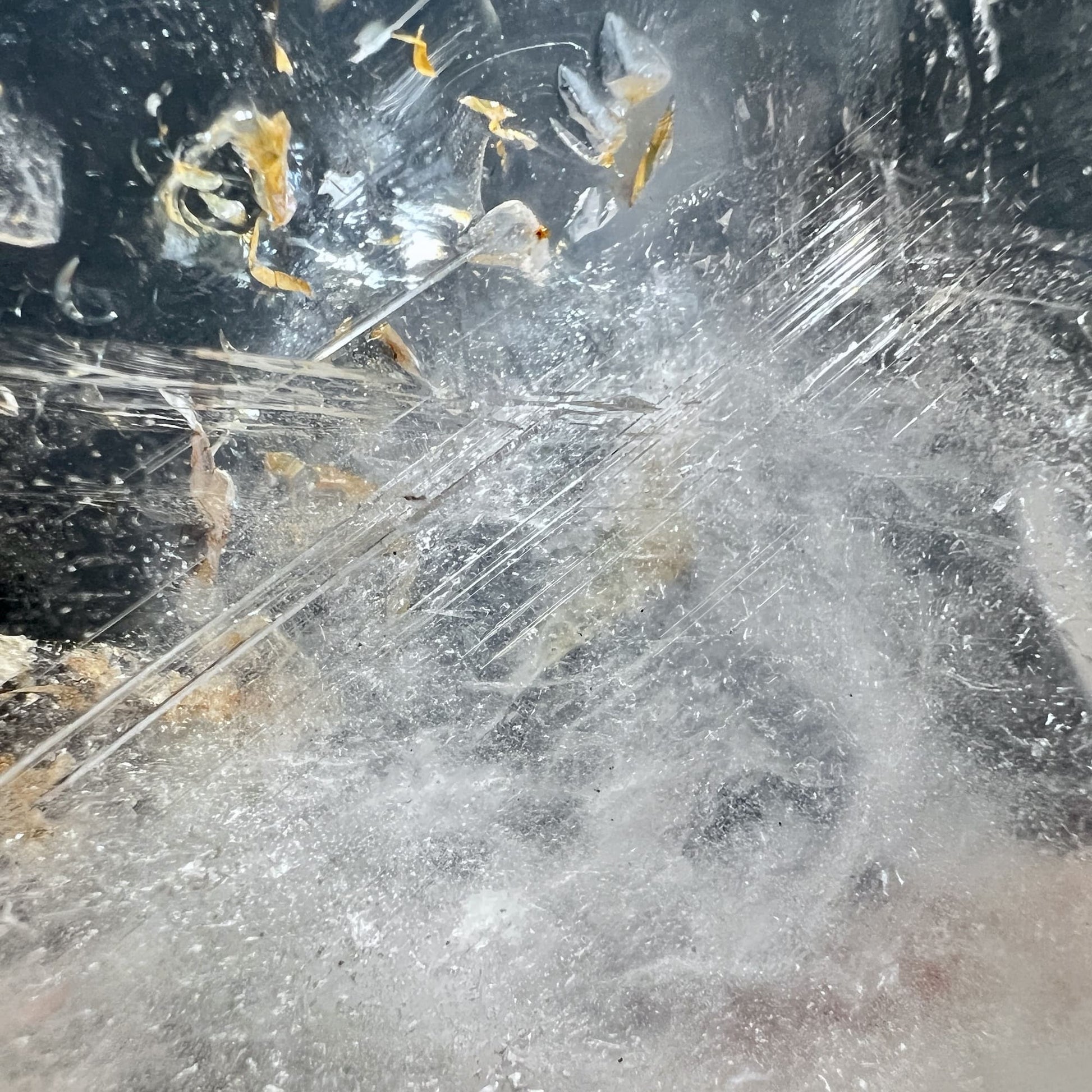 Detailaufnahme Golden Healer und Silberrutil Nadeln in Bergkristallschale | Happy Minerals