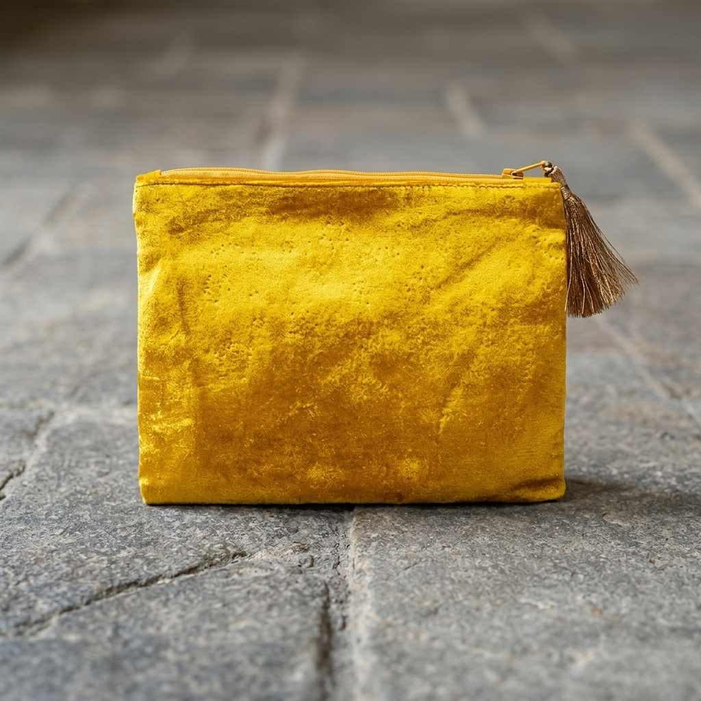 Goldgelbe Samt Kosmetiktasche | schlicht elegant | Quaste Detail | Happy Minerals | indien rechteck