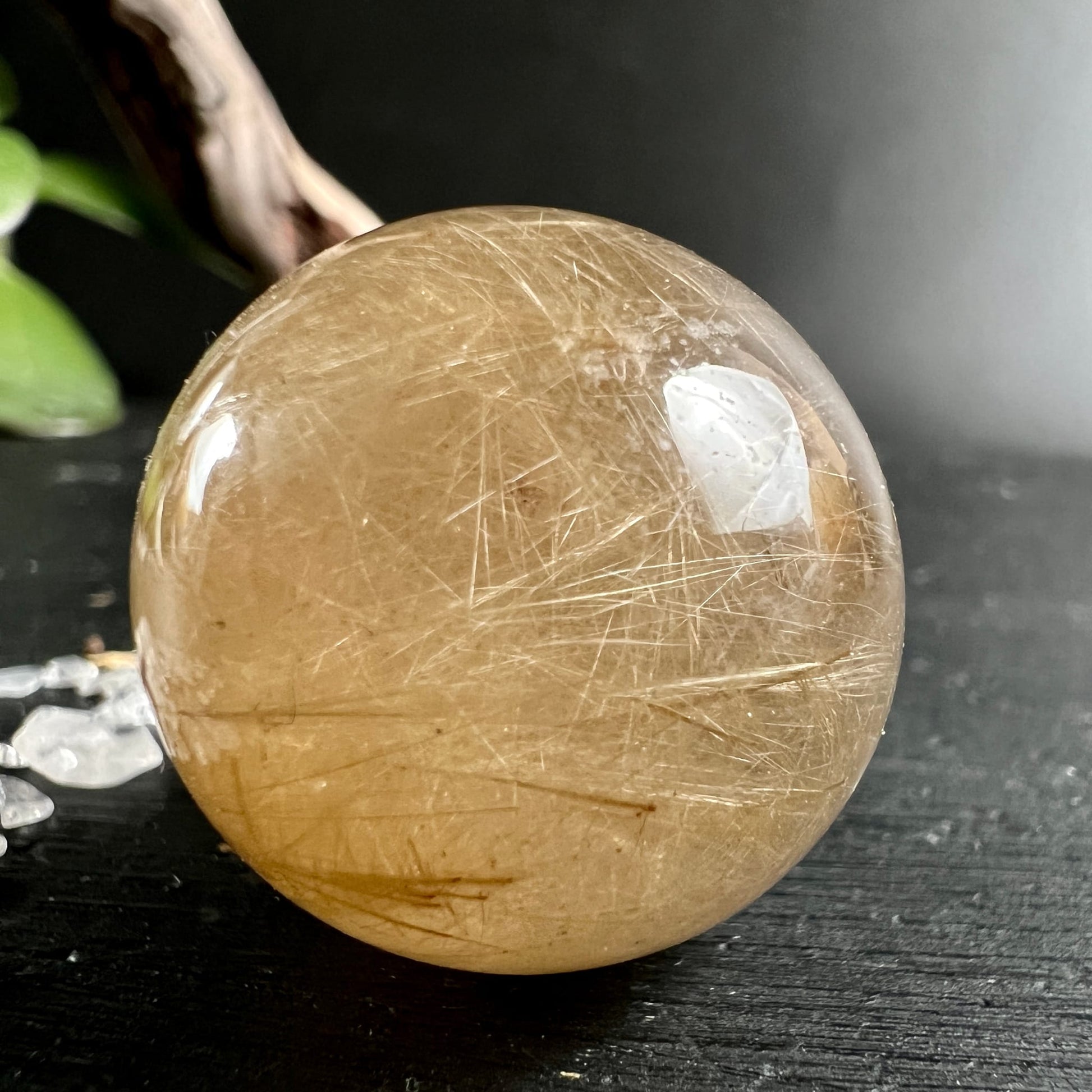 Goldrutilquarz Kugel | warmes Goldlicht | dichte Nadelstruktur | Holzdeko | Happy Minerals