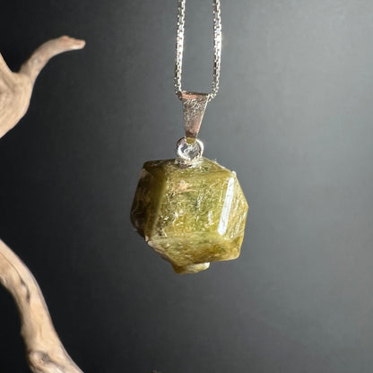 Grüner Grossular Granat | Mali Naturkristall | Hängend an Silberkette Detailansicht | Happy Minerals
