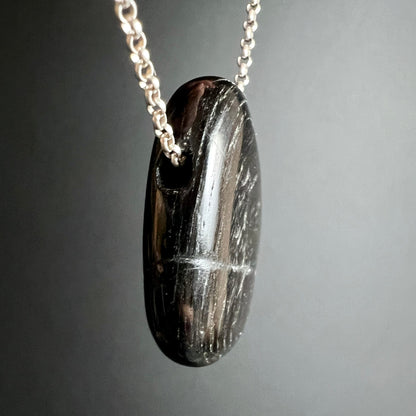 Hypersthen Seitenansicht | längliche Tropfenform | Silberkette | natürlicher Glanz | Kanada | Happy Minerals
