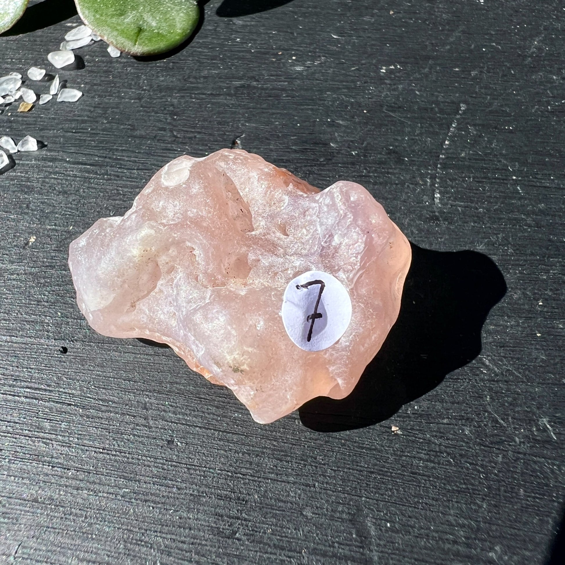 Gobi Achat Rohstein rosa beige mit natürlicher Maserung auf dunklem Holz | Happy Minerals