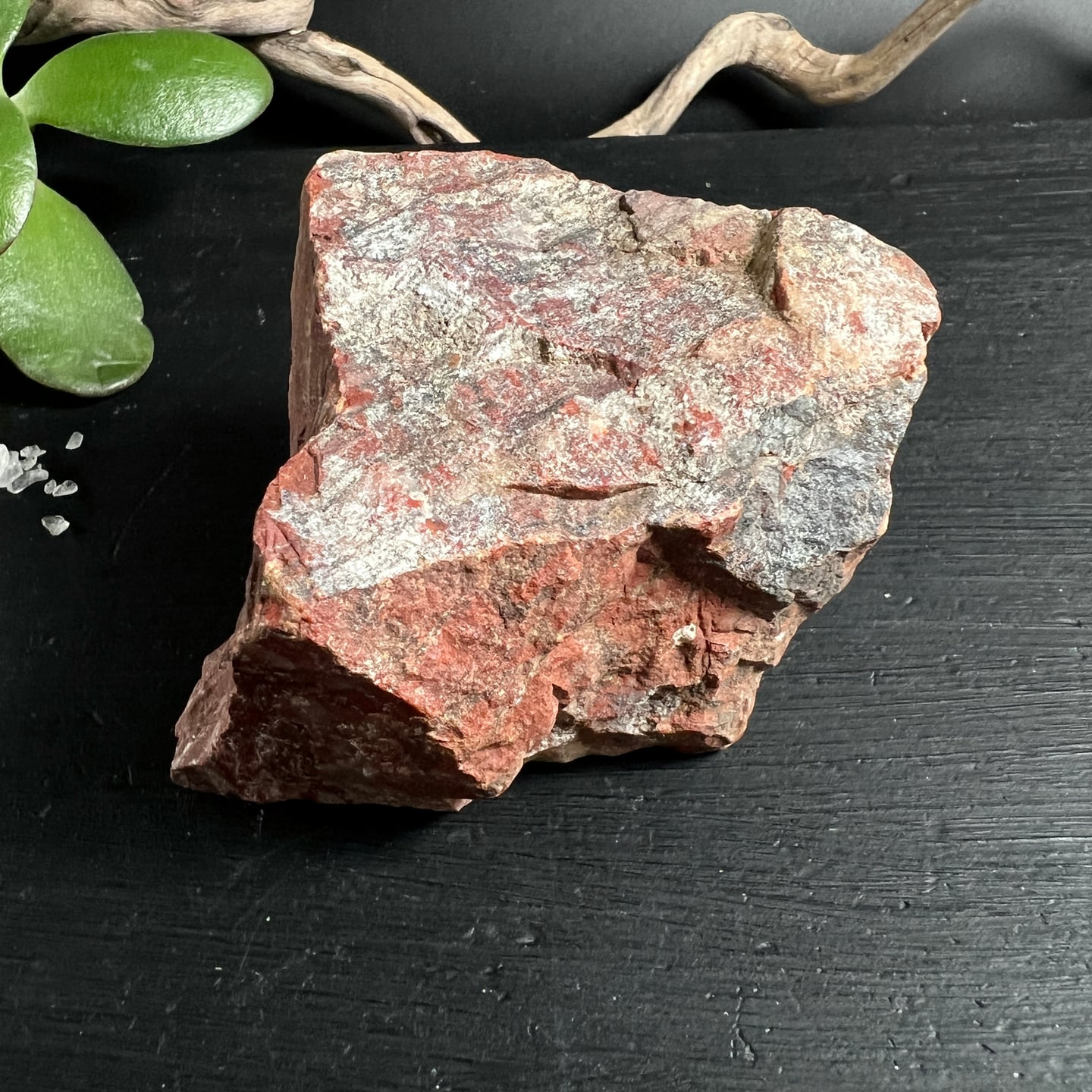 Bänderjaspis Rohstein rot-grau gestreift 9cm natürliche Maserung auf dunklem Holz | Happy Minerals