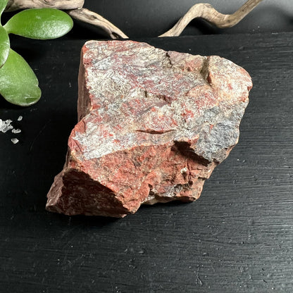 Bänderjaspis Rohstein rot-grau gestreift 9cm natürliche Maserung auf dunklem Holz | Happy Minerals