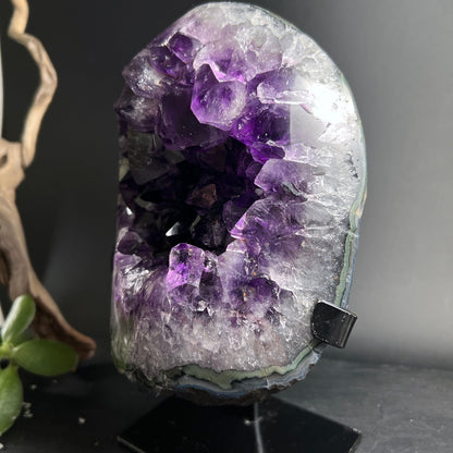 Amethyst Geode violett mit Kristallformation auf schwarzem Ständer | Happy Minerals
