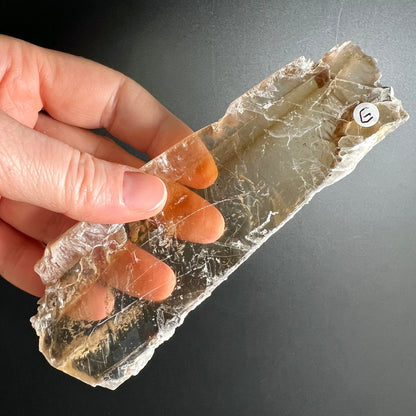Selenit Kristall transparent mit orangefarbenen Einschlüssen, handgehalten | Happy Minerals