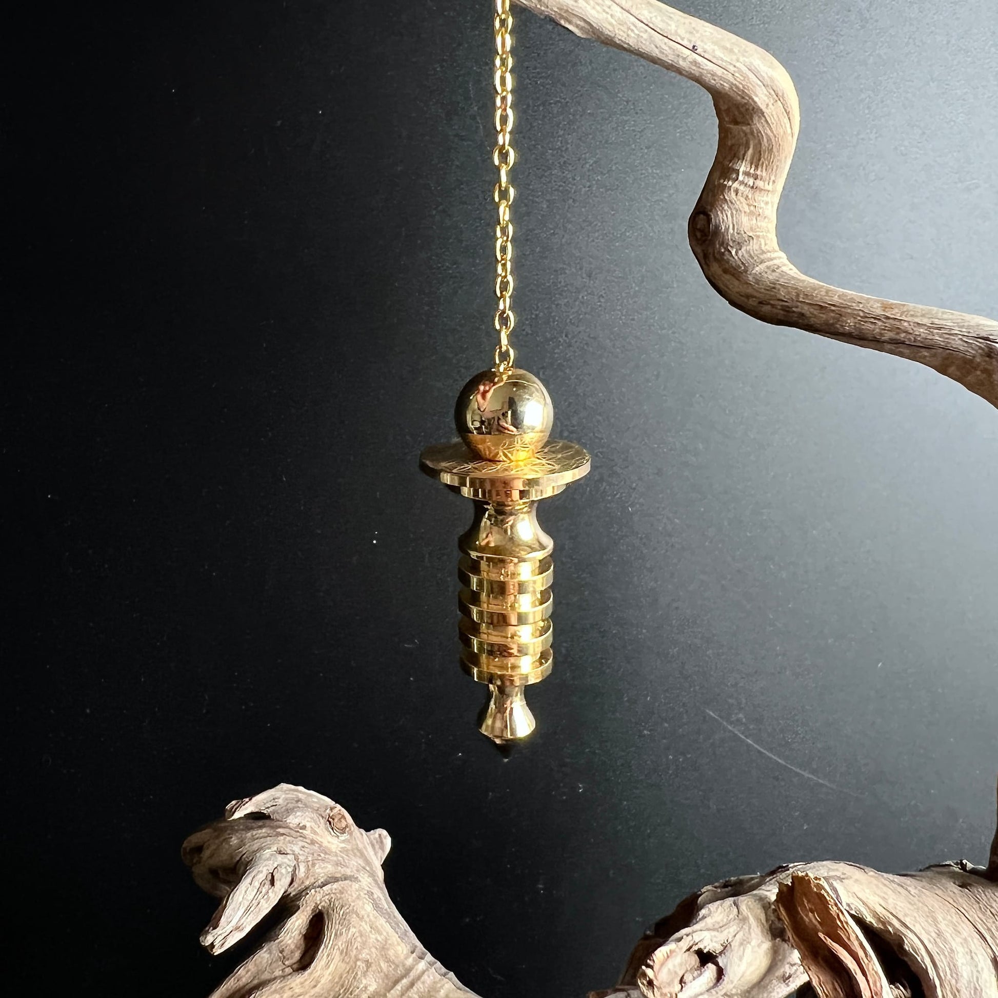 Isis Pendel Messing vergoldet | hängend an Goldkette | Treibholz | warmes Goldlicht | Happy Minerals