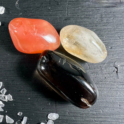 Karneol Citrin Rauchquartz Set | Trommelsteine Brazil | Warme Orange Gelbe Braune Toene | Happy Minerals