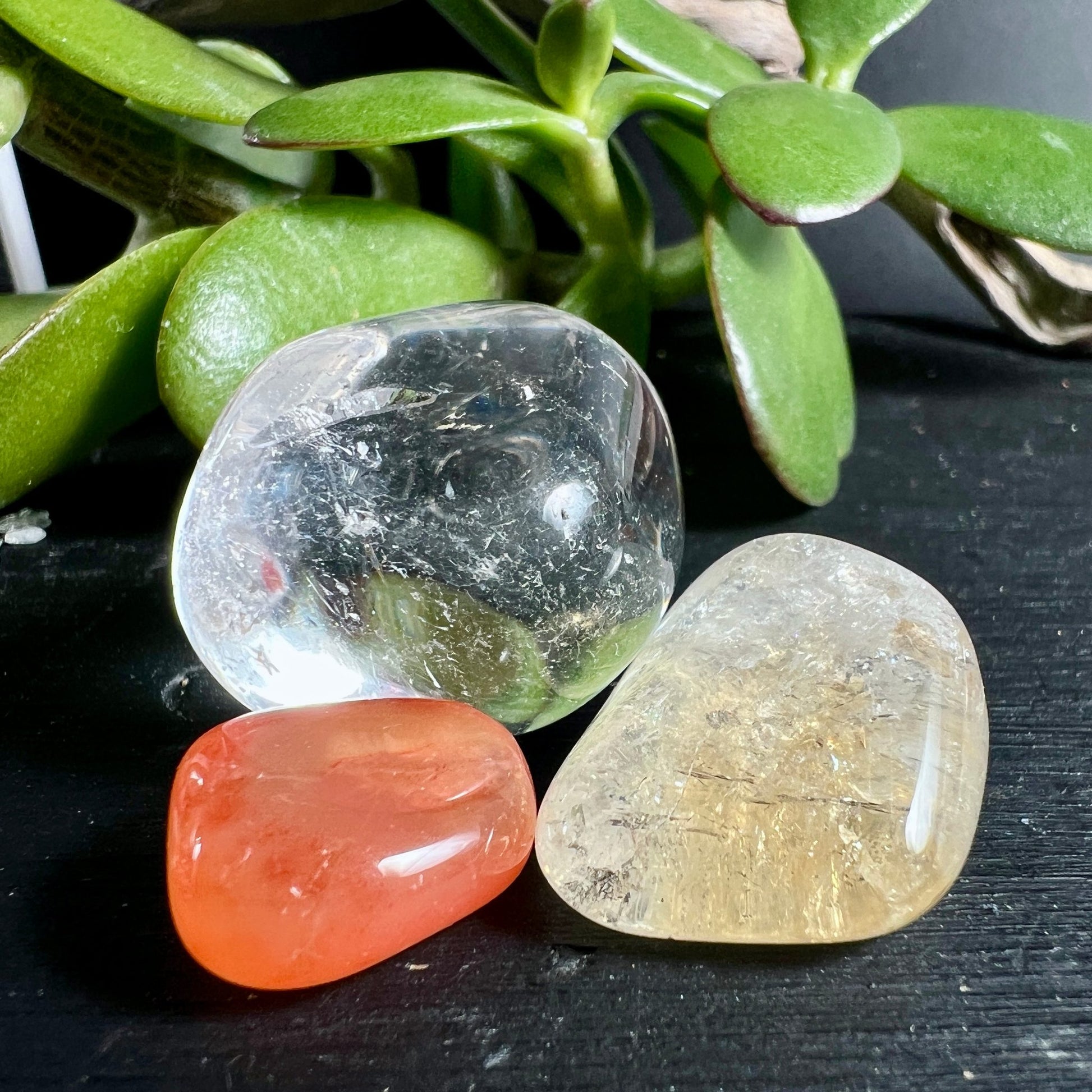 Karneol Orange Citrin Gelb Rauchquarz Grau | Trommelsteine Brasilien | Natuerliche Kristalle Set | Happy Minerals
