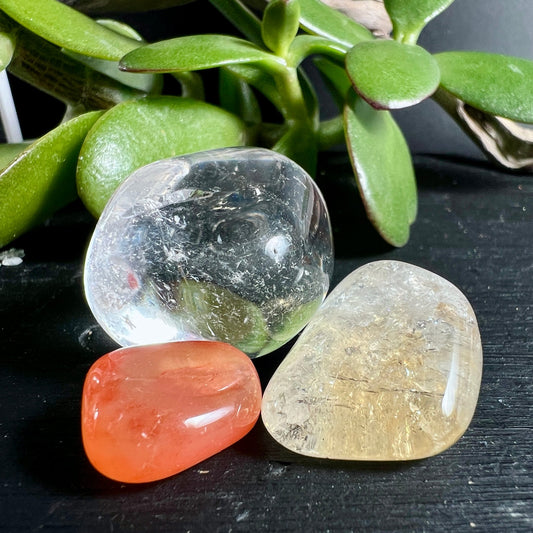 Karneol Orange Citrin Gelb Rauchquarz Grau | Trommelsteine Brasilien | Natuerliche Kristalle Set | Happy Minerals