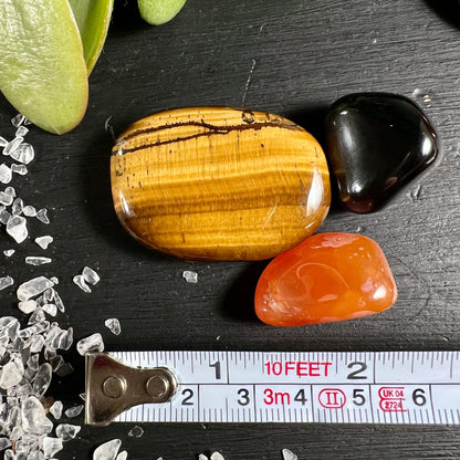 Karneol Tigerauge Regenbogenobsidian | Massband Groesse | 3 polierte Heilsteine Trommelform | Happy Minerals