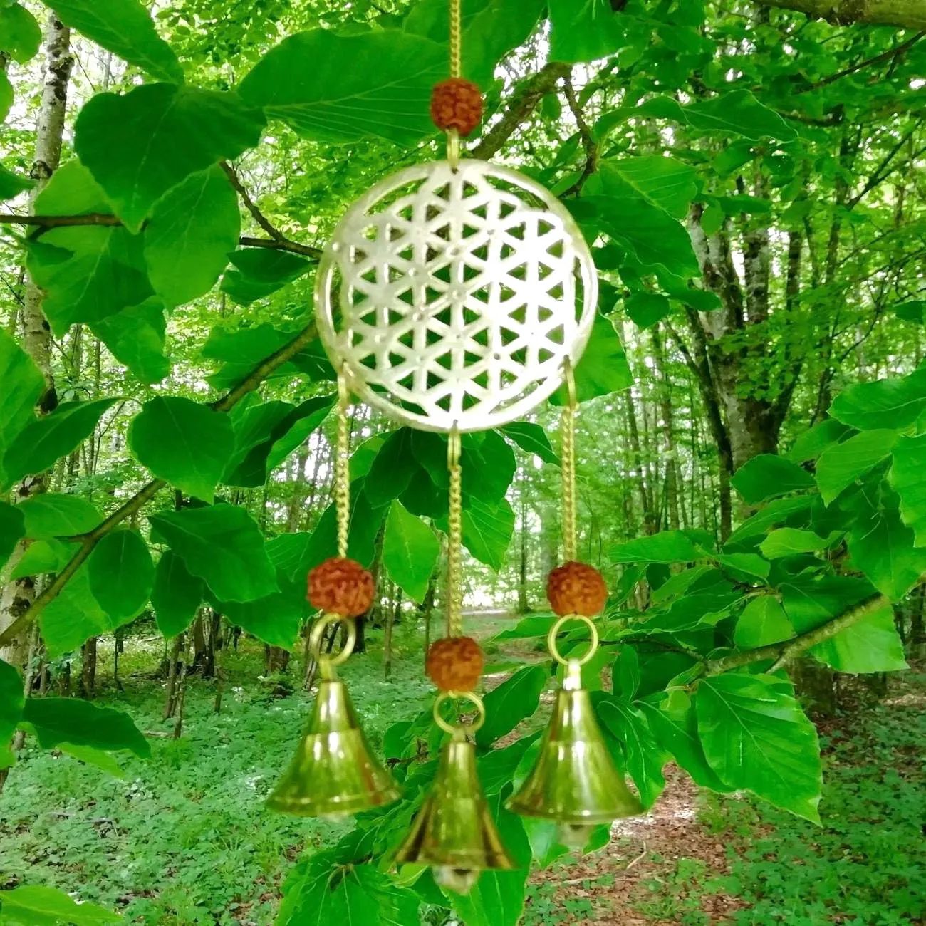 Klangspiel Blume des Lebens | grüner Wald | Messing gold | Indien Handwerk | spirituelle Dekoration | Happy Minerals
