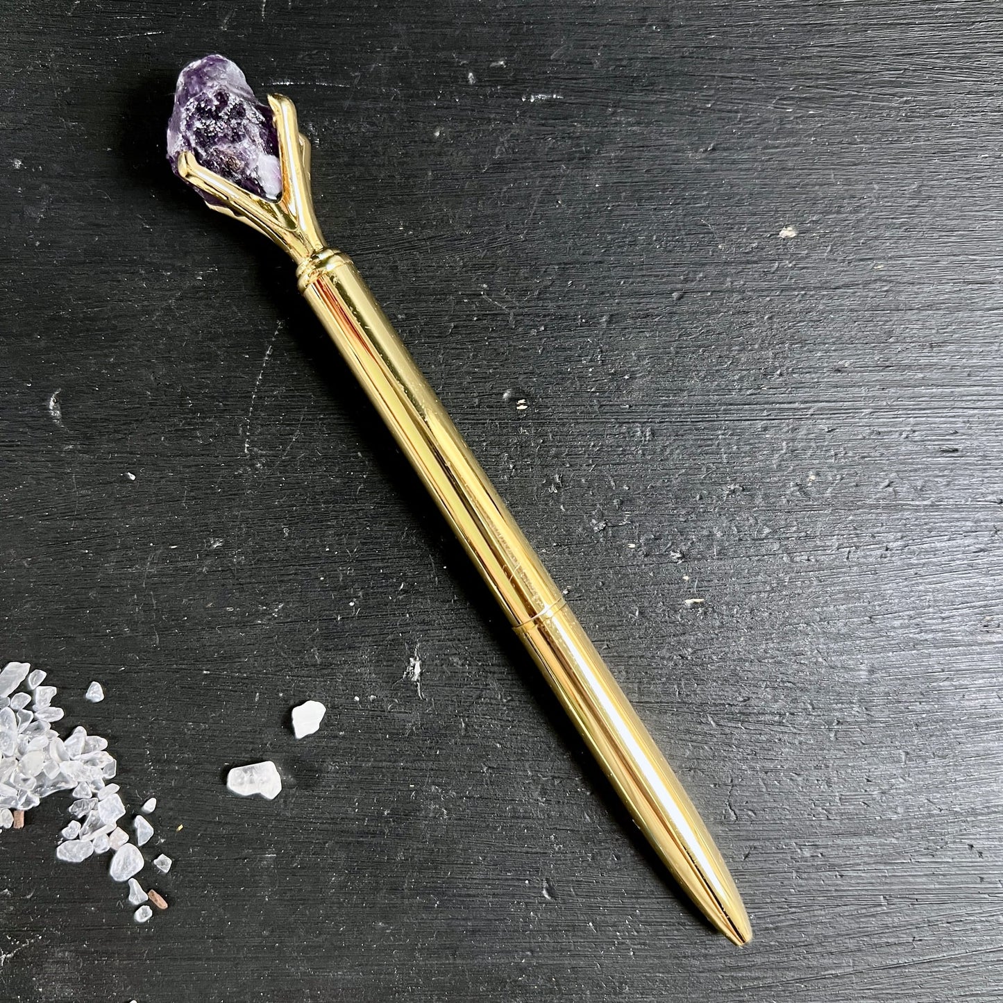 Goldener | Kugelschreiber | mit | violettem | Amethyst-Rohstein | edel | glänzend | Happy Minerals