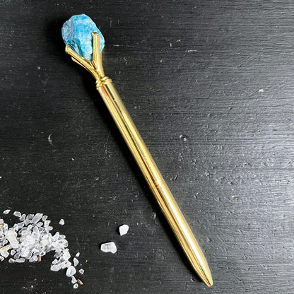 Goldener | Kugelschreiber | mit | blauem | Apatit-Rohstein | edel | glänzend | Happy Minerals