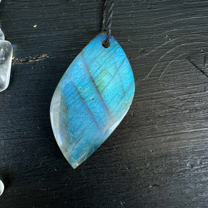 Labradorit Anhänger | leuchtendes Blau-Türkis | Blattform | schwarzes Band | dunkler Holzhintergrund | Happy Minerals