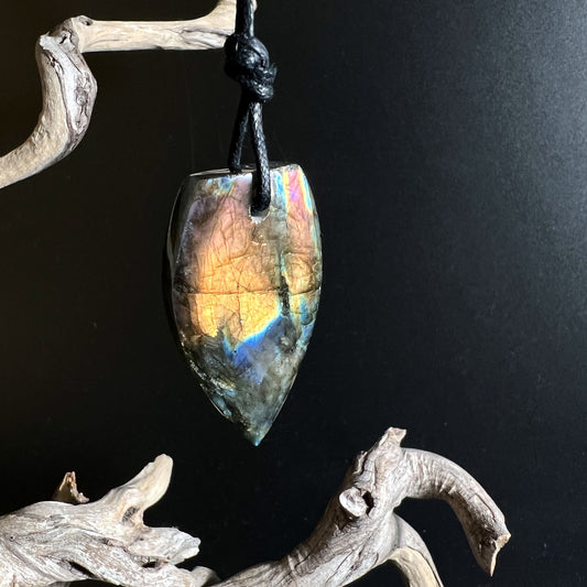 Labradorit Anhänger 43x24mm mit lila-orange Sunset Flash, poliert | Happy Minerals