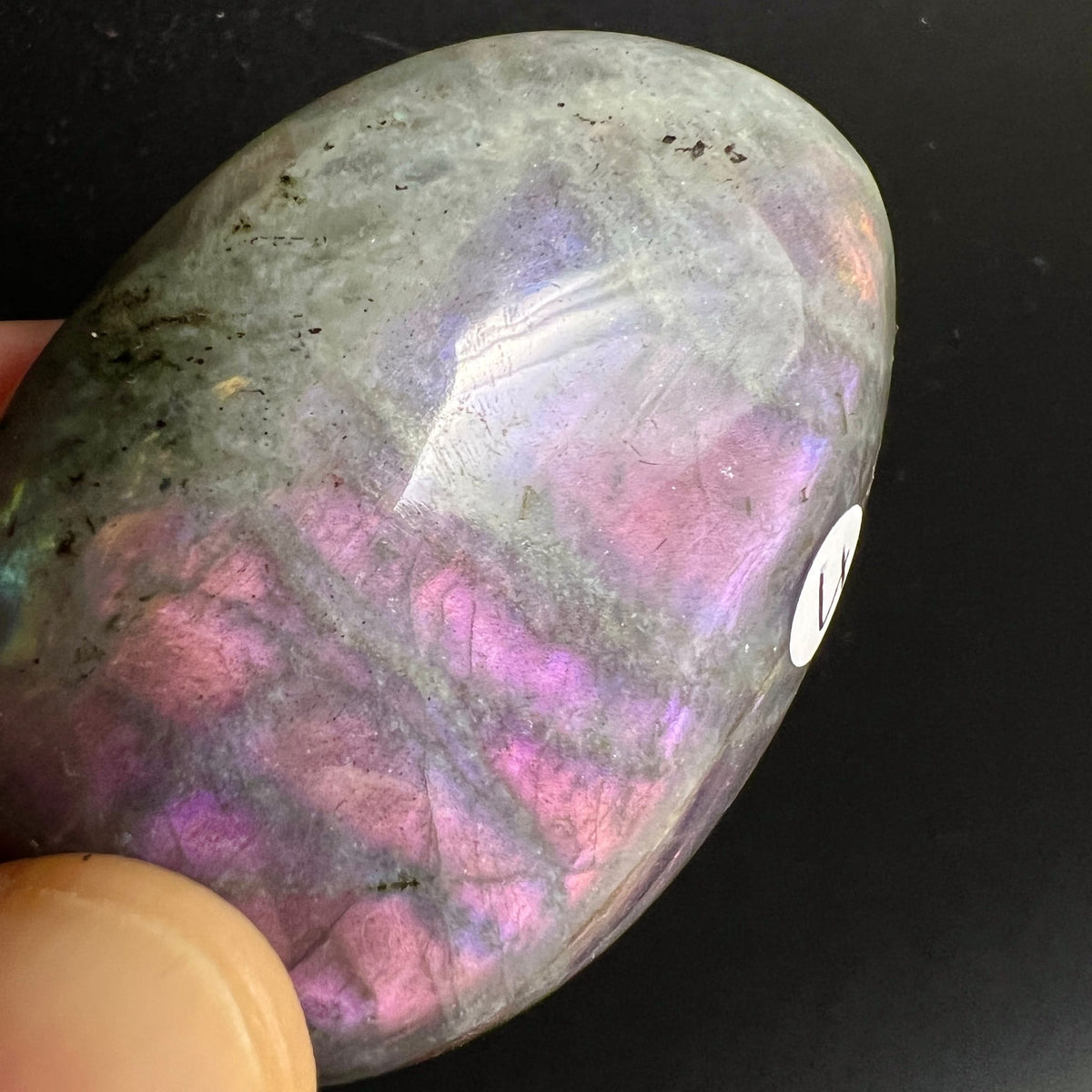Labradorit Handschmeichler oval poliert, pink-violettes Farbspiel mit blauen Reflexen auf grauem Grund | Happy Minerals