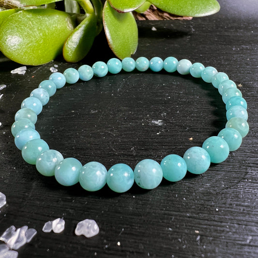 Larimar Armband | runde Perlen | türkis-blaue Töne | Holzuntergrund | Sukkulenten | Happy Minerals