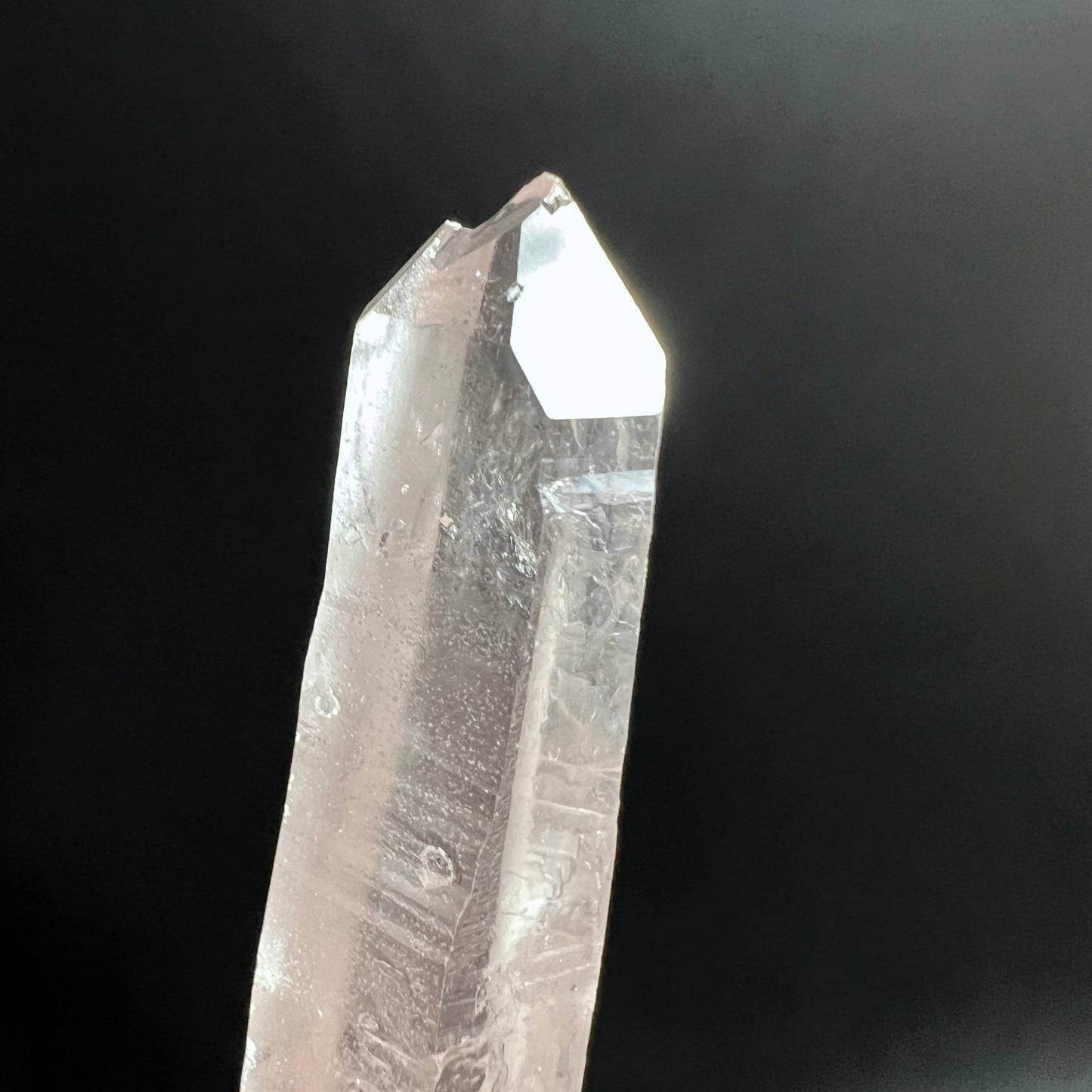 Lemuria Quarz Bergkristall Rohstein | leuchtende Spitze | dunkler Hintergrund | glasklare Facetten | Happy Minerals