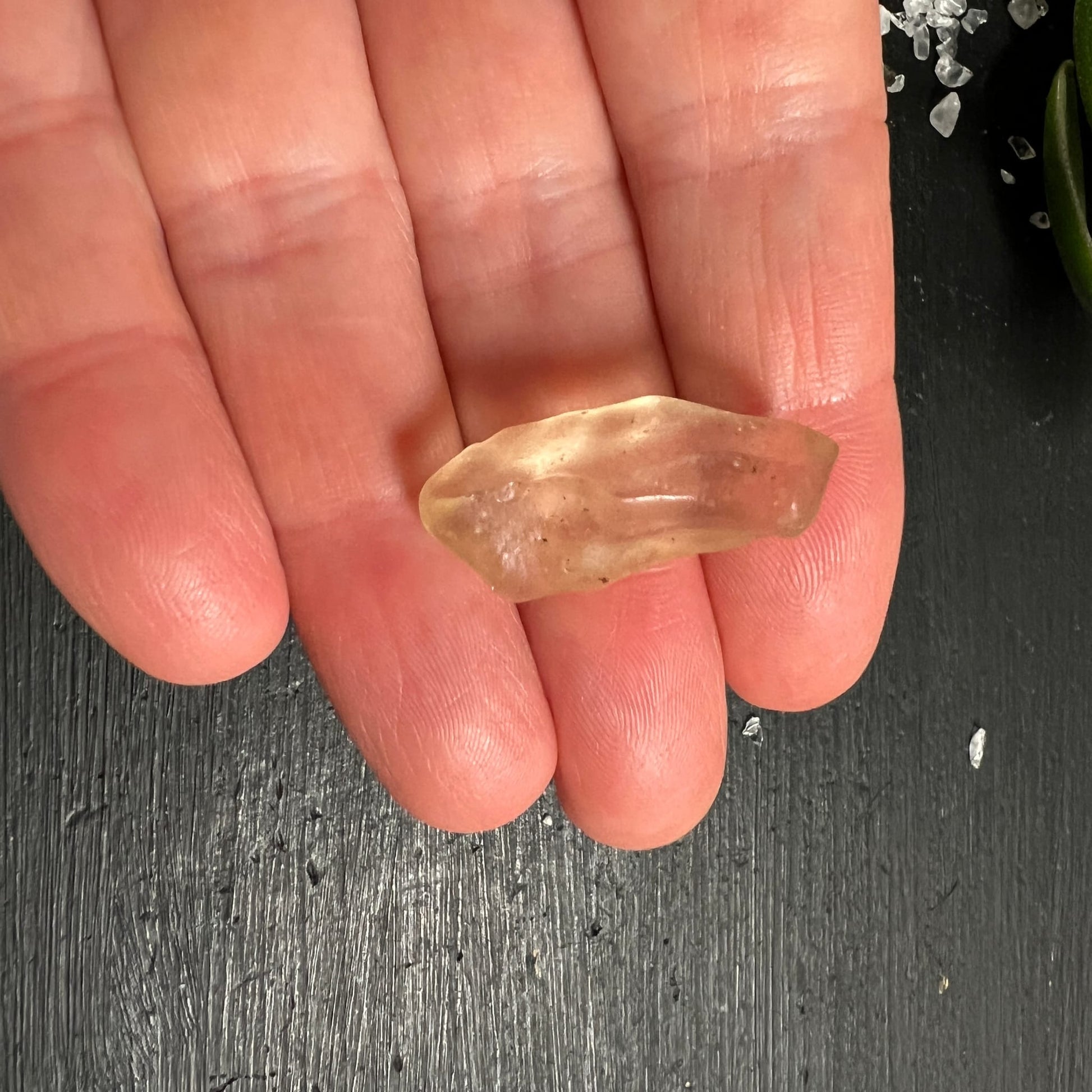 Libysches Glas Tektit | in der Hand | Größenvergleich | honigfarben | zart transparent | Ägypten | Happy Minerals