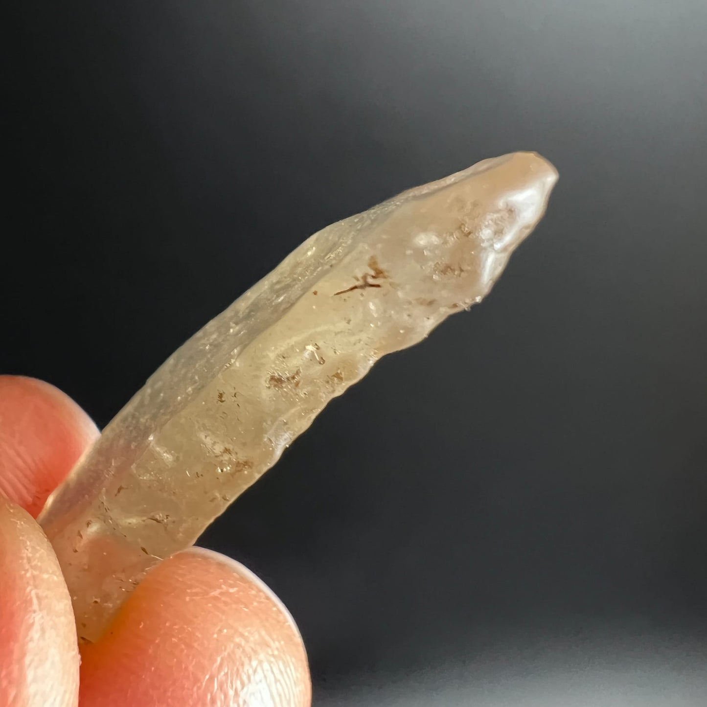 Libysches Wüstenglas Tektit, laenglich-splitterig, milchig-beige mit rotbraunen Einschluessen und glasigem Glanz | Happy Minerals