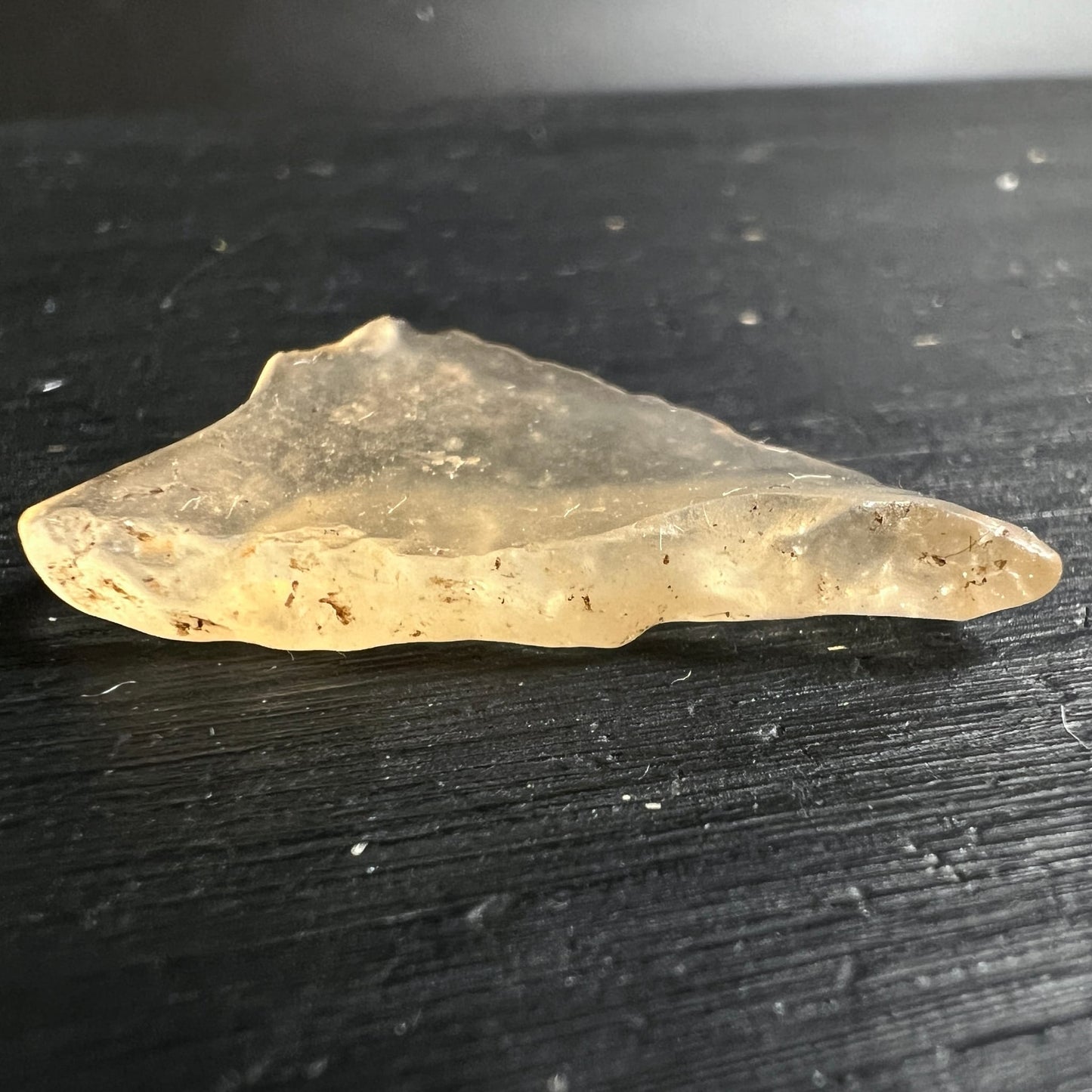 Libysches Wüstenglas Tektit, honiggelb-transluzent mit unregelmässiger Kantenform und dunklen Einschlüssen | Happy Minerals