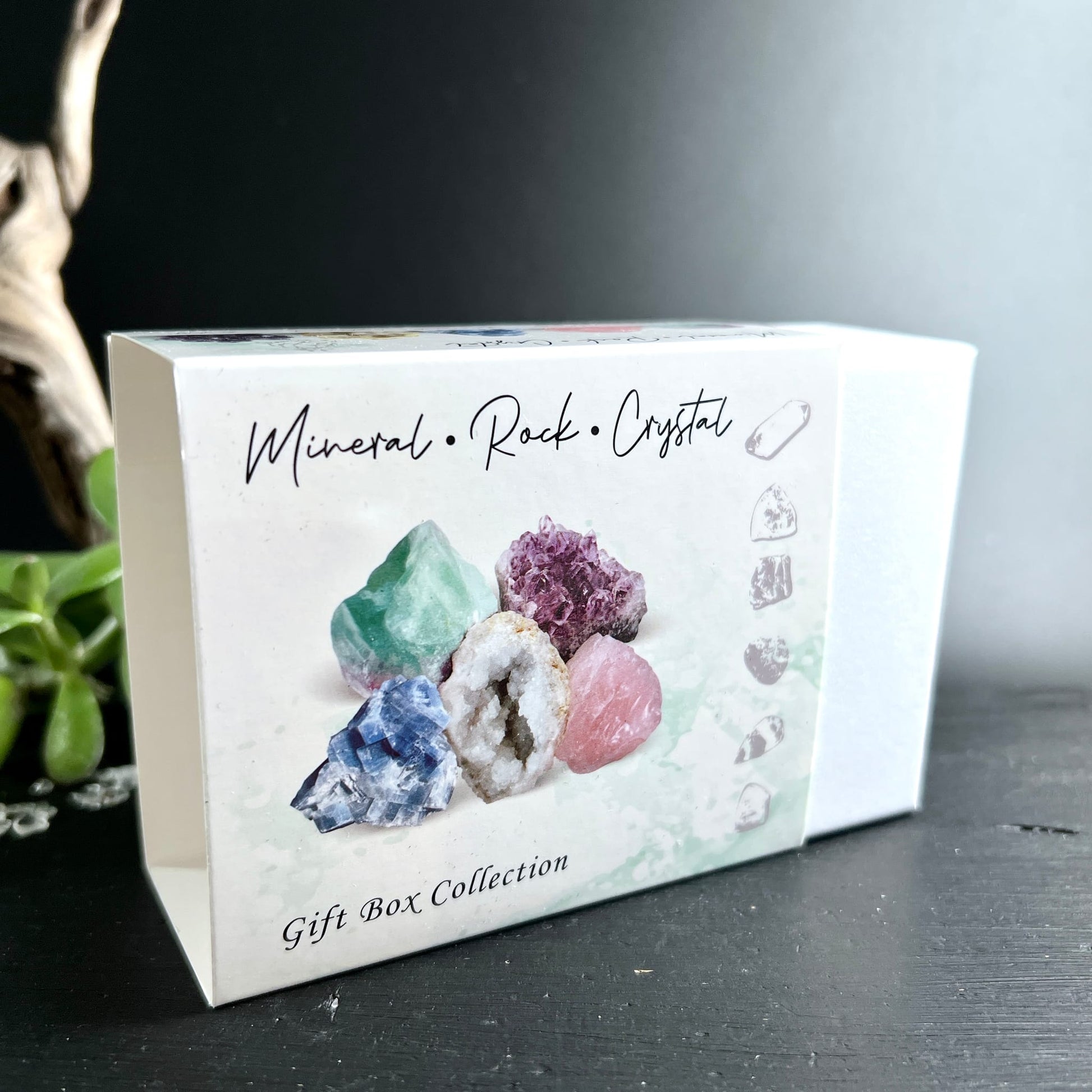 Mineral Rock Crystal Geschenkbox | Rosenquarz Amethyst Fluorit | elegante Verpackung | Happy Minerals