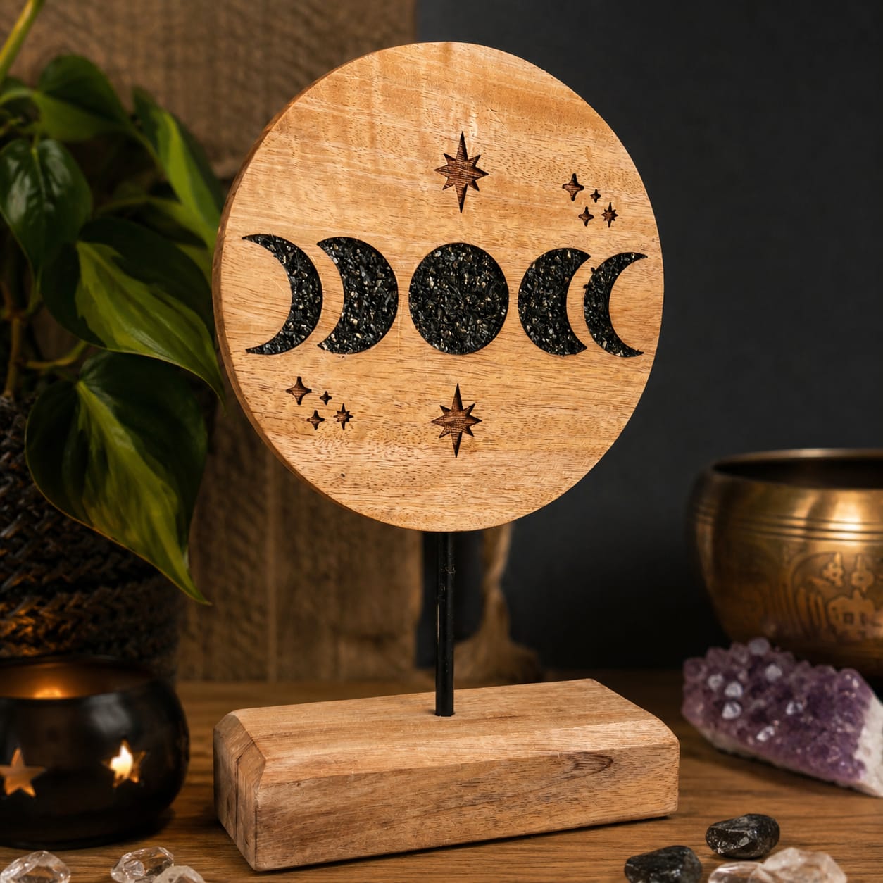 Mondphasen Deko Mangoholz | Amethyst & Klangschale als Deko | spirituelle Atmosphäre | Happy Minerals