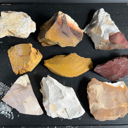 Mookait Hornstein Rohsteine | Draufsicht Variante A-H | erdige Farbtöne | Australien | Happy Minerals