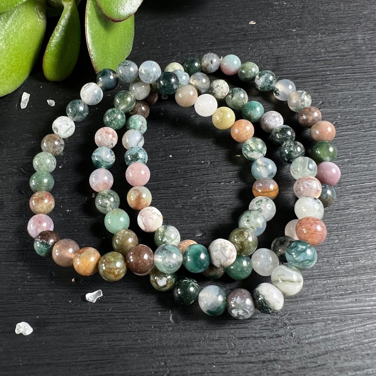 Moosachat Perlenstränge | gedoppelt | Variante 6 | harmonische Farbpalette | dunkle Holzmaserung | Happy Minerals