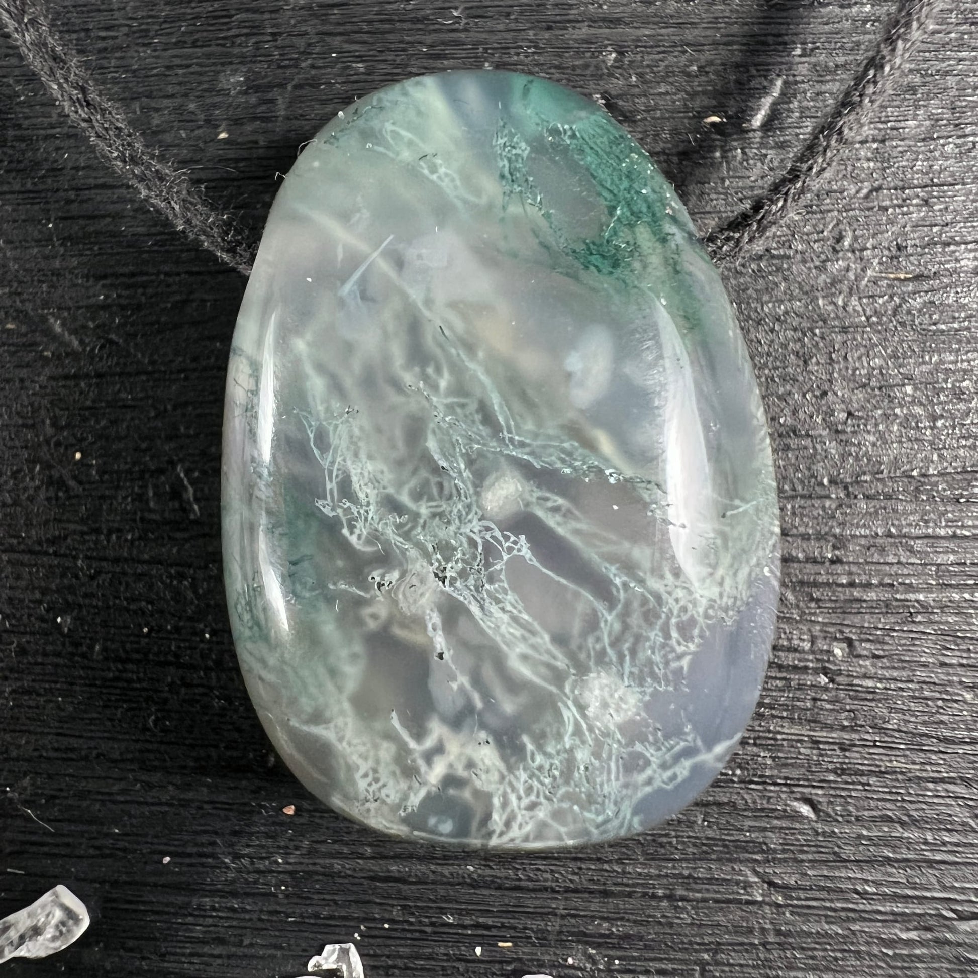 Moosachat Unikat | Brasilien | auf schwarzem Holz | türkis-grüne Mooseinschlüsse | seidig glänzend | Happy Minerals